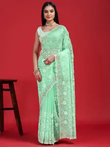 Anouk Green Floral Embroidered Beads & Stones Organza Saree
