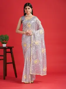 Anouk Grey Floral Embellished Sequinned Organza Saree