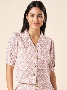 AKKRITI BY PANTALOONS Pink Geometric Print Puff Sleeve Cotton Shirt Style Crop Top