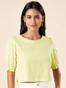 AKKRITI BY PANTALOONS Lime Green Embellished Puff Sleeve Cotton Crop Top