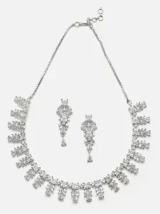 Anouk Rhodium-Plated AD-Studded Leaf Shaped Necklace Jewellery Set