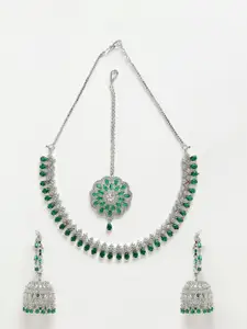 Anouk Rhodium-Plated Stone Studded Necklace & Earrings With Maang Tika