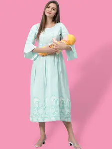 True Shape Floral Printed Bell Sleeves Maternity Dress with Nursing Zips