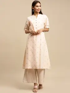 Rangita Floral Printed Mandarin Collar Roll-Up Sleeves Pure Cotton A-Line Kurta