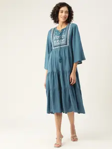 MISRI Embroidered Tie-Up Neck Bell Sleeve A-Line Midi Dress