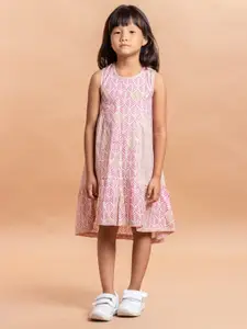 Sangria Girls Pink & White Ethnic Motifs Printed Pure Cotton A-Line Dress