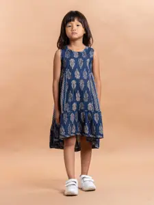 Sangria Girls Navy Blue & White Ethnic Motifs Printed Pure Cotton A-Line Dress