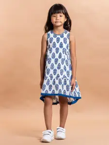 Sangria Girls White & Blue Ethnic Motifs Printed Pure Cotton A-Line Dress