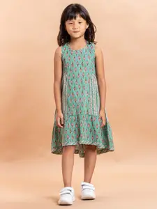 Sangria Girls Green & Pink Ethnic Motifs Printed Pure Cotton A-Line Dress
