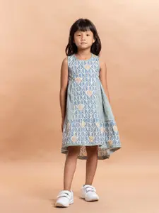 Sangria Girls Off-White & Blue Ethnic Motifs Printed Pure Cotton A-line Dress