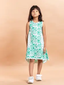 Sangria Girls White & Sea Green Floral Printed Pure Cotton A-Line Dress