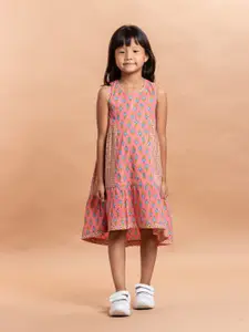 Sangria Girls Pink & Blue Ethnic Motifs Printed Pure Cotton A-line Dress