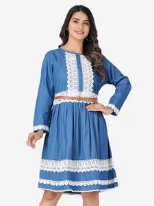 SUMAVI-FASHION Self Design Round Neck Belted Cotton Fit & Flare Dress