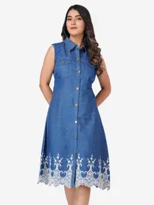 SUMAVI-FASHION Floral Embroidered Shirt Collar Sleeveless Denim Shirt Midi Dress
