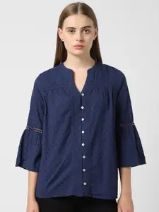 Van Heusen Woman Van Heusen Self Design Mandarin Collar Bell Sleeves Pleated Pure Cotton Shirt Style Top