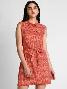 Allen Solly Woman Striped Shirt Collar Sleeveless Belted Shirt Dress