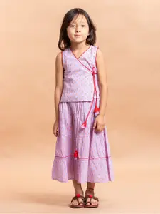 Sangria Girls Purple Block Printed Pure Cotton Lehenga With Choli