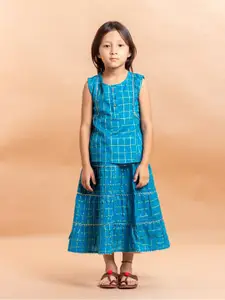 Sangria Girls Turquoise Blue Checked Pure Cotton Lehenga With Choli