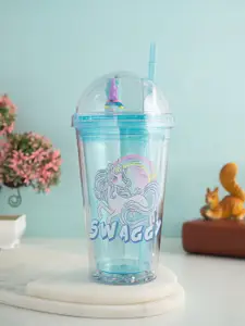 Golden Peacock Blue Printed Unicorn Sipper Bottle With Straw - 550 ml