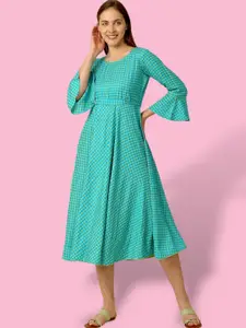 True Shape Checked Bell Sleeves Belted Maternity Fit & Flare Dress