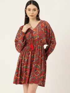 InWeave Ethnic Motifs Print Puff Sleeve A-Line Dress