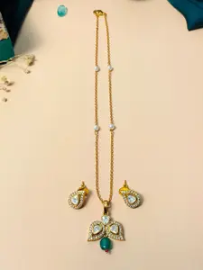 ABDESIGNS Brass Gold-Plated American Diamond Pendant Chain With Pair Of Earrings