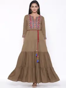 SUTI Ethnic Motifs Embroidered Round Neck Tiered Fit & Flare Maxi Ethnic Dress