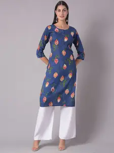Dollar Missy Floral Printed Roll-Up Sleeves Round Neck Straight Kurta