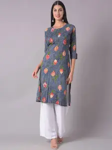 Dollar Missy Floral Printed Roll-Up Sleeves Round Neck Straight Kurta