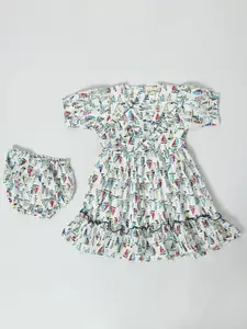Bella Moda Girls Conversational Printed Puff Sleeve Pure Cotton Fit & Flare Dress