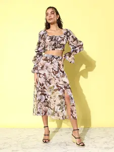 ANVI Be Yourself Beige & Brown Floral Printed A-Line Midi Skirt