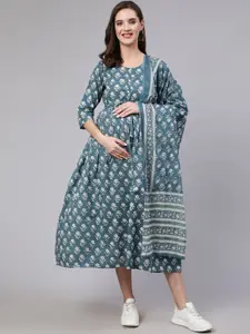 Nayo Maternity Floral Motifs Printed Gathered Cotton Empire Midi Dress With Dupatta