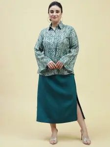 Curvy Lane Abstract Printed Flared Sleeves Shirt Style Top & Skirt