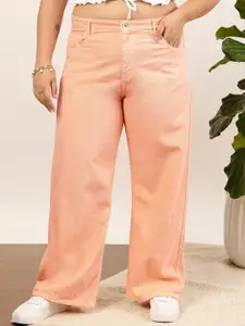 CURVY STREET Women Plus Size Peach Mid-Rise Clean Look Pure Cotton Wide Leg Jeans