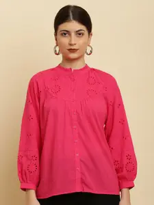 HERE&NOW Red Cotton Schiffli Shirt Style Top
