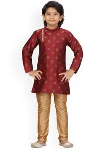 Aarika Boys Mandarin Collar Woven Design Pure Cotton Kurta With Churidar