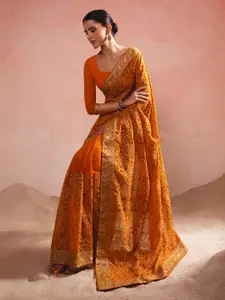 Soch Mustard & Green Ethnic Motifs Embroidered Poly Georgette Saree