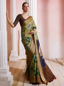 Soch Olive Green & Brown Kalamkari Zari Poly Crepe Saree