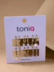 ToniQ Set Of 6 Gold Plated Stone Studded & Pearls Beaded Hoop Earrings