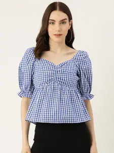 Rue Collection Checked Sweetheart Neck Puff Sleeve Cotton Top