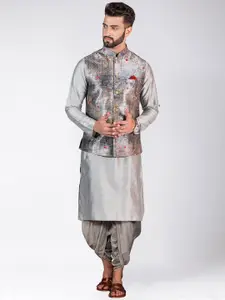 KISAH Mandarin Collar Straight Kurta & Dhoti Pants with Zari Embroidered Nehru Jacket
