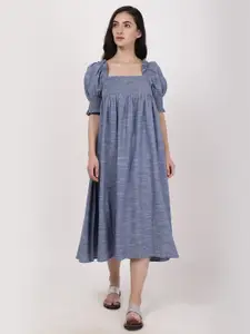 A Little Fable Striped Square Neck Puff Sleeve A-Line Midi Dress