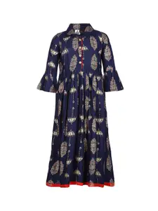 Aarika Girls Ethnic Motifs Printed Shirt Collar Bell Sleeve Pleated Kurta