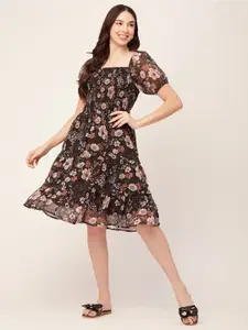 Moomaya Floral Printed Square Neck Puff Sleeves Smocked Detail Tiered Fit & Flare Dress