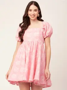 Moomaya Floral Printed Puff Sleeves Fit & Flare Dress
