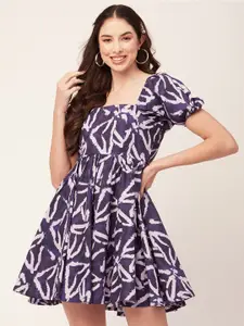 Moomaya Abstract Printed Square Neck Puff Sleeves Cotton Fit & Flare Mini Dress