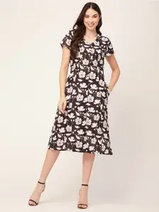 Moomaya Floral Printed V-Neck A-Line Midi Dress