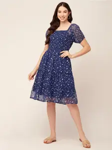 Moomaya Floral Print Puff Sleeve Smocked Fit & Flare Dress