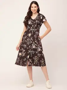 Moomaya Floral Printed V-Neck A-Line Midi Dress