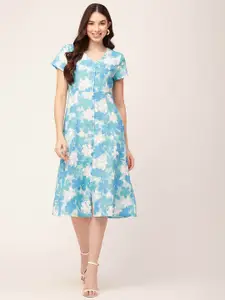 Moomaya Floral Printed V-Neck A-Line Midi Dress